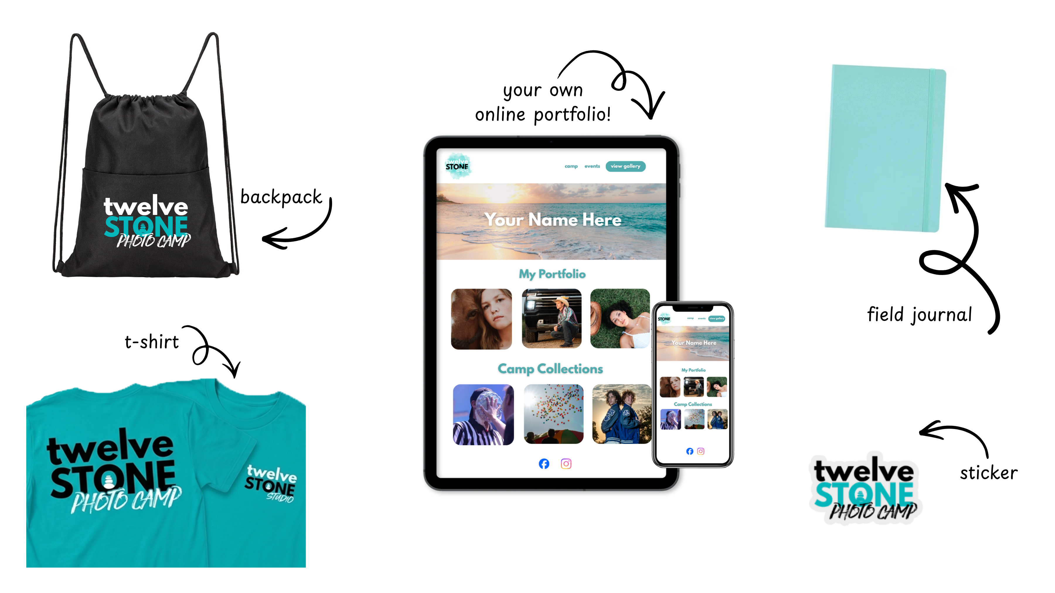TSS Photo Camp kit — backpack, t-shirt, field journal, sticker, and personal portfolio website